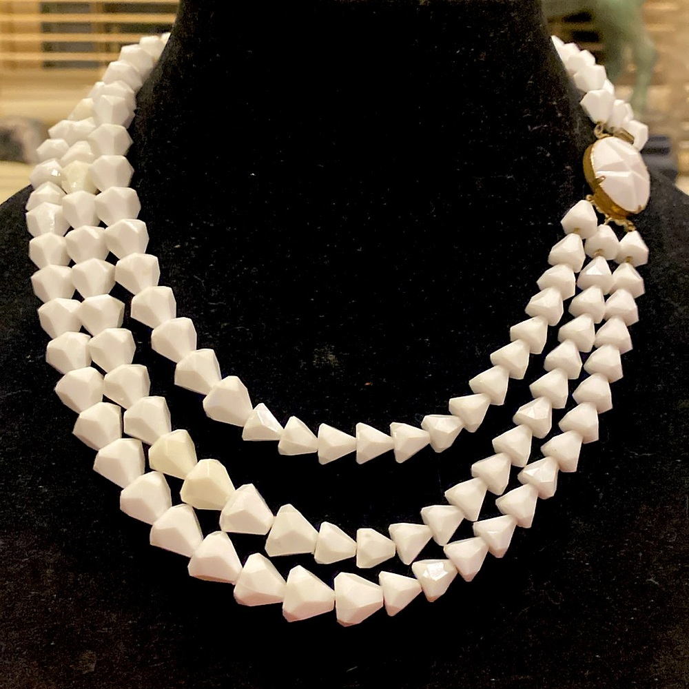 Western Germany White 3 Strand Acrylic Necklace with Gold Tone Findings